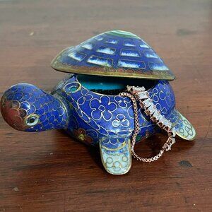 VINTAGE REAL CLOISONNÉ turtle trinket box. Miniature 3 inches. BRASS